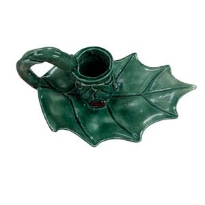 Vintage Holly Leaf Candlestick Holder Green Ceramic Holiday Decoration 1970s